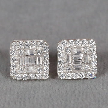 Illuminating Your Beauty with graceful round and baguette cut diamond studded earring in 14 kt white gold for women wore at any occasion-Gurukrupa-Gems