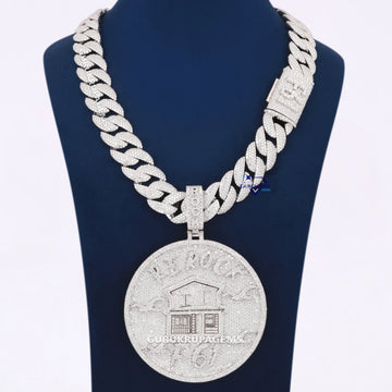 14K White Gold Iced Out Custom House Medallion Pendant with Lab Diamonds on Miami Cuban Chain Gurukrupa-Gems