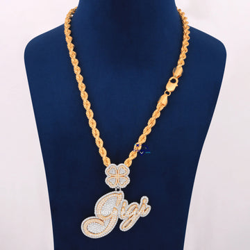 14KT Yellow Gold Rope Chain With Pendant Small Round Cut Lab Diamond Gurukrupa-Gems