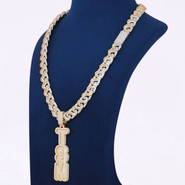 Custom Two Tone Tennis Silver Chain with Yellow Gold Fully Iced Vertical Letter Pendant VVS Diamonds Necklace for Celebrity Inspired Look for Mens (Copy) Gurukrupa-Gems
