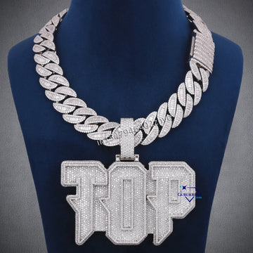 18 Inch 20 MM Cuban Link Round And Baguette Cut Lab Diamond With Custom Letter Pendant - Gurukrupa-Gems