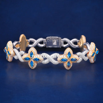 20mm Sterling Silver Blue Marquise and Round Diamonds with Four Leaf Clover Infinity Link Bracelet Gurukrupa-Gems