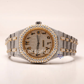A classic watch with moissanite diamonds, featuring Arabic numerals and diamond studs for a timeless look
