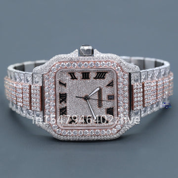 A square dial fully iced out moissanite diamond watch in luxurious white and rose gold colors exuding a lavish appeal-Gurukrupa-Gems