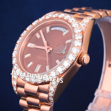 Big pointers on bezel day and date luxury brown face ros egold stainless steel watch Gurukrupa-Gems