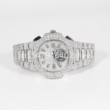 Check out the elegant stainless steel watch with a moissanite diamond showcasing a distinctive double dial