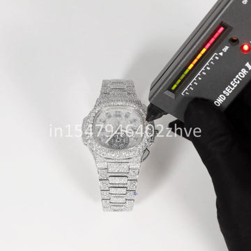 Check out the elegant stainless steel watch with a moissanite diamond showcasing a distinctive double dial
