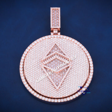 Custom Ethereum Diamond Pendant Iced Out Round Crypto Necklace for Men in Rose Gold Gurukrupa-Gems