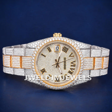 Custom Iced Out Presidential Watch Two Tone Silver Yellow Roman Numerals VVS Diamond Watches Gurukrupa-Gems