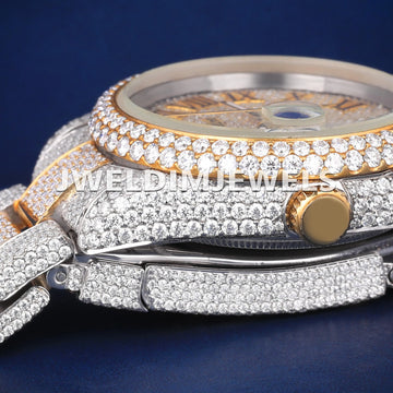 Custom Iced Out Presidential Watch Two Tone Silver Yellow Roman Numerals VVS Diamond Watches Gurukrupa-Gems