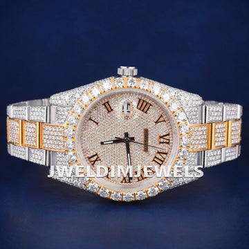Custom Real Bust Down Watches Two Tone Silver Yellow Diamond Bezel Watch Green Arabic Dial Iced Out Watches with Real Diamonds (Copy) Gurukrupa-Gems