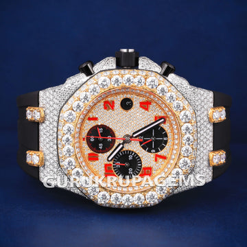 Custom Two Tone Iced Out Diamond Watch with Multicolor Roman Numeral Dial and Custom Yellow Gold Bezel New Watches Gurukrupa-Gems