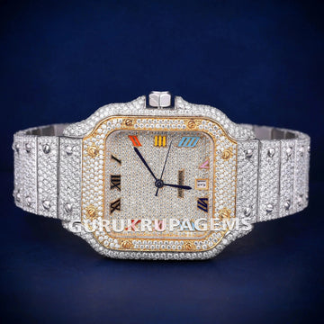 Two Tone Rose & Silver Fully Iced Out Diamond Watch with Roman Dial VVS Clarity Gurukrupa-Gems