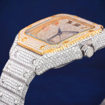 Two Tone Rose & Silver Fully Iced Out Diamond Watch with Roman Dial VVS Clarity Gurukrupa-Gems