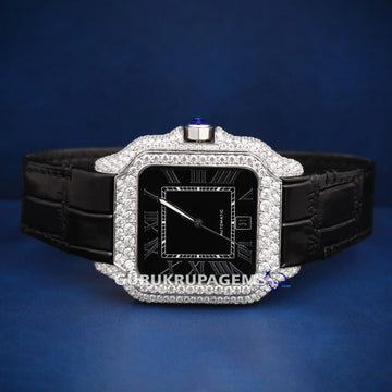Custom black dial and leather belt diamond watch Gurukrupa-Gems