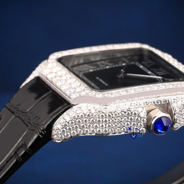 Custom black dial and leather belt diamond watch Gurukrupa-Gems