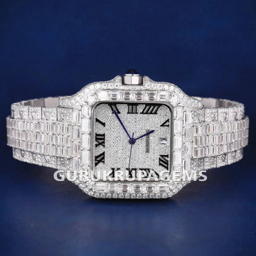 Custom Two Tone Iced Out Diamond Watch with Multicolor Roman Numeral Dial and Custom Yellow Gold Bezel New Watches Gurukrupa-Gems