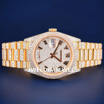 Customized Two Tone Mens Real Diamond Watches Arabic Dial Silver & Yellow Stainless Steel Full Diamond Iced Out Watches (Copy) Gurukrupa-Gems
