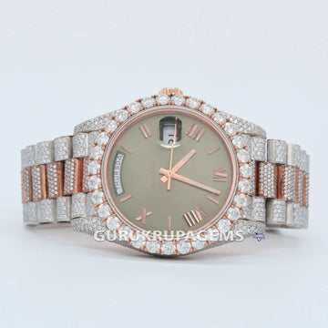 Displaying trending watch through half iced out rose gold color lab grown unisex diamond hiphop watch Gurukrupa-Gems