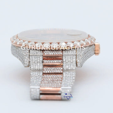 Displaying trending watch through half iced out rose gold color lab grown unisex diamond hiphop watch Gurukrupa-Gems