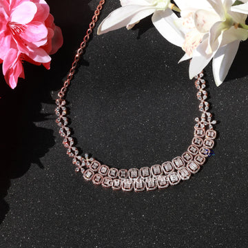 Elevate your neckline accessory in 14 kt rose gold lab grown baguette and round cut diamond necklace Gurukrupa-Gems