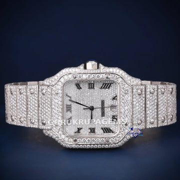Full white Roman dials fully iced out stainless steel hip hop diamond watch Gurukrupa-Gems