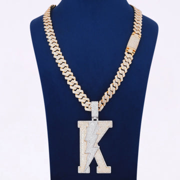 Fully Iced K Letter Name Custom HipHop Chain Pendant VVS Moissanite Diamond Silver & Yellow Gold Plated Initial Letter Pendant Necklace for Men Gurukrupa-Gems