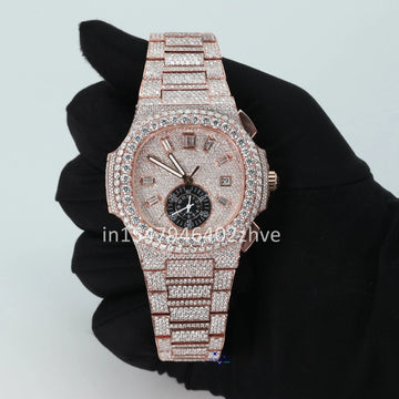 Fully Iced Moissanite Diamond Watch Luxury Round And Baguette Cut Diamond Hip Hop Watch-Gurukrupa-Gems