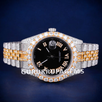Fully Iced Out Diamond Dial Two Tone Silver and Rose Gold Plated Bezel Jubilee Bracelet Belt Custom Unisex Luxury Watches Gurukrupa-Gems