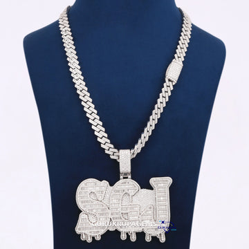 Fully Iced Out Small Round Cut Lab Diamond Chain With Pendant In 14KT White Gold Gurukrupa-Gems
