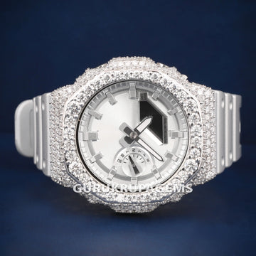 Fully iced out white strap watch with diamonds look bezel and bold dial Gurukrupa-Gems