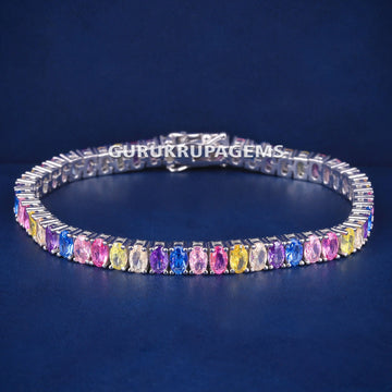 HipHop Iced Out Rainbow Sapphire Tennis White Gold Diamond Bracelet Multicolor Ombre Princess Cut Gurukrupa-Gems
