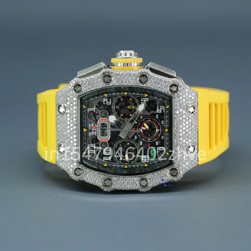 Hiphop watch with moissanite diamond features a stylish design and a yellow rubber strap-Gurukrupa-Gems