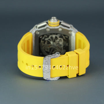 Hiphop watch with moissanite diamond features a stylish design and a yellow rubber strap-Gurukrupa-Gems