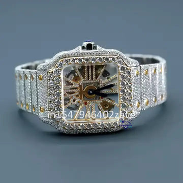 Hot selling fully iced out skeleton moissanite diamond watch with yellow color crafted for men-Gurukrupa-Gems