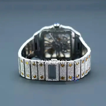 Hot selling fully iced out skeleton moissanite diamond watch with yellow color crafted for men-Gurukrupa-Gems