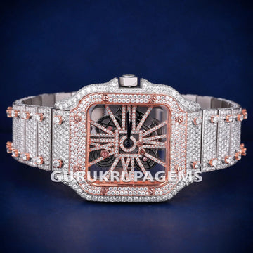 Iced Out Skeleton Two Tone Rose Gold Color Dial Customized Silver VVS Diamond Hip Hop Watch for Men Gurukrupa-Gems