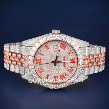 Iced Two Tone Diamond Watch with Arabic Dial VVS Moissanite Pass Tester Certified Gurukrupa-Gems