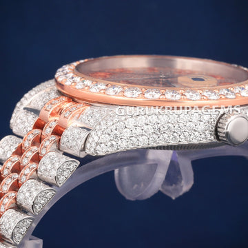 Iced Two Tone Diamond Watch with Arabic Dial VVS Moissanite Pass Tester Certified Gurukrupa-Gems