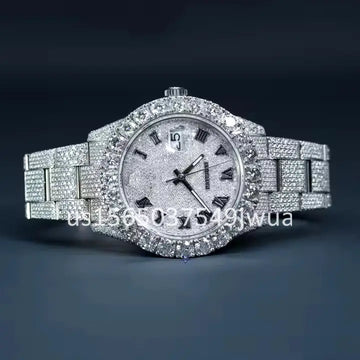 Introducing a sleek watch featuring a stunning fully iced out moissanite diamond with Roman numeral-Gurukrupa-Gems