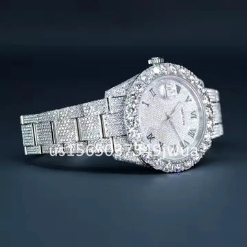 Introducing a sleek watch featuring a stunning fully iced out moissanite diamond with Roman numeral-Gurukrupa-Gems