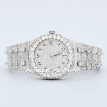 Introducing a stylish mens watch crafted from stainless steel featuring lab-grown diamond with vibrant purple Arabic numerals Gurukrupa-Gems