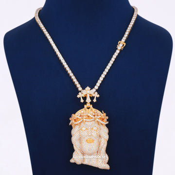 Luxury New 14K Gold Full Iced Out Jesus Christ Face Pendant with Triple Cross Clasp Tennis Chain Men Necklace Rapper Real Iced Out Chains with Pendants Gurukrupa-Gems