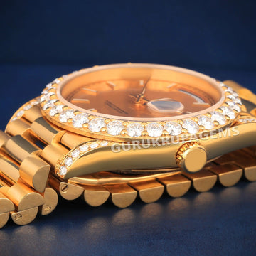 Iced Out Rose Gold Watch with Roman Dial and Diamond Bezel for Men Gurukrupa-Gems