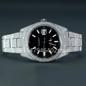 Make a bold statement in hip-hop fashion with fully iced-out moissanite diamond watch, showcasing a sleek black dial