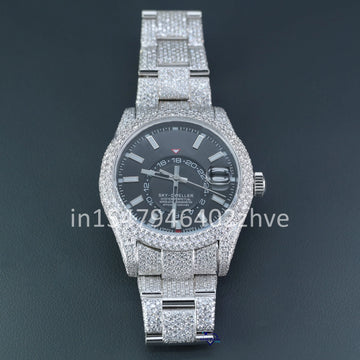 Make a bold statement in hip-hop fashion with fully iced-out moissanite diamond watch, showcasing a sleek black dial