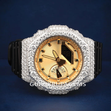 Men’s Diamond Watch with Gold Dial, Fully Iced Bezel, and Black Rubber Strap Designed for a Bold and Classy Look Gurukrupa-Gems