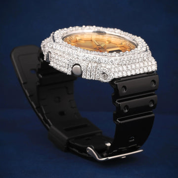 Men’s Diamond Watch with Gold Dial, Fully Iced Bezel, and Black Rubber Strap Designed for a Bold and Classy Look Gurukrupa-Gems