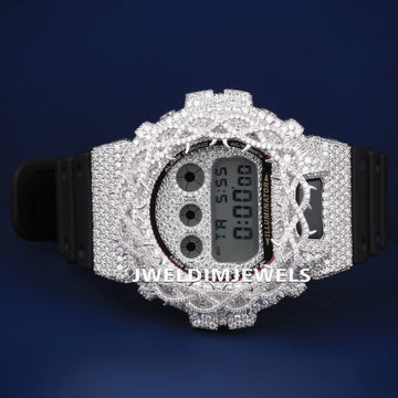 Men’s Diamond Watch with Yellow Plated Dial Fully Iced Bezel and Black Rubber Strap Gurukrupa-Gems