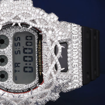 Men’s Diamond Watch with Yellow Plated Dial Fully Iced Bezel and Black Rubber Strap Gurukrupa-Gems